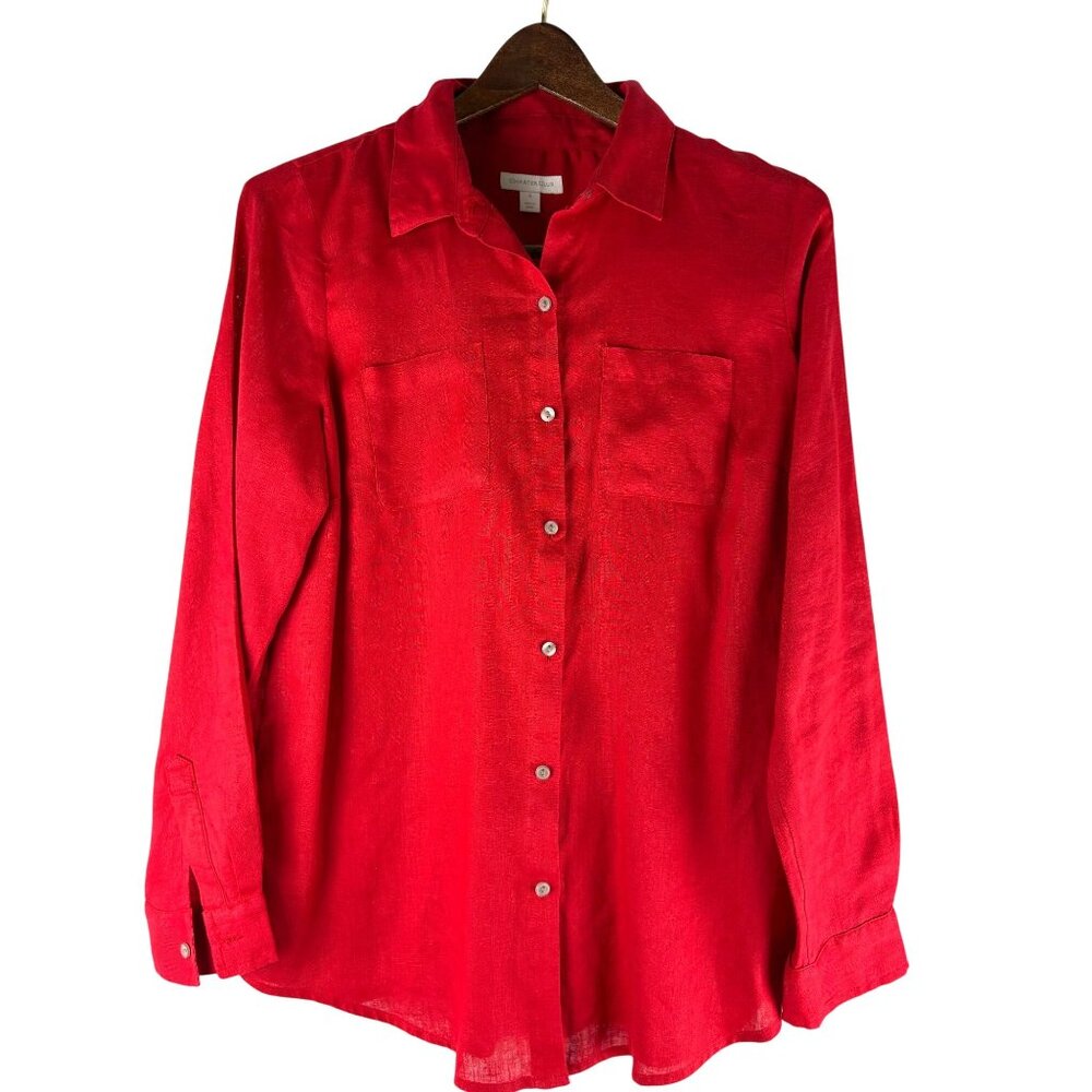 Old Money Minimalist Luxury Charter Club Red Linen Long sleeve Blouse, Women's S